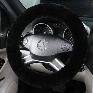 Fluffy Wool Sheepskin Fuzzy Black Car Steering Wheel Cover for Universal Auto